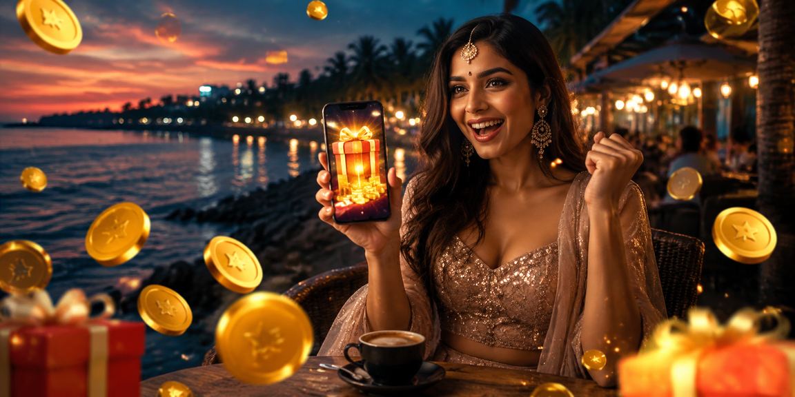 Mobile Teen Patti play near Goa beach showing young players in bright Bollywood style