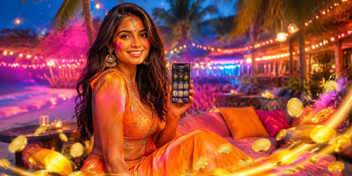Goa beach Holi festival party with casino players registering bonuses on mobile